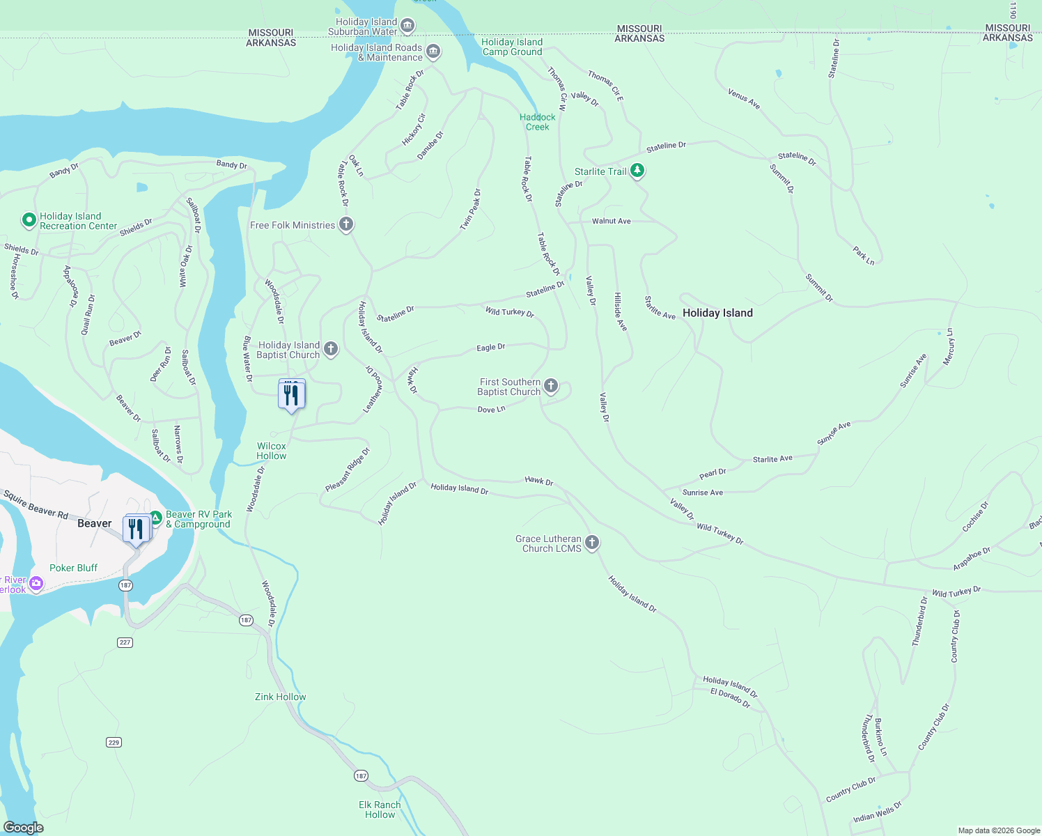 map of restaurants, bars, coffee shops, grocery stores, and more near 173 Wild Turkey Drive in Holiday Island