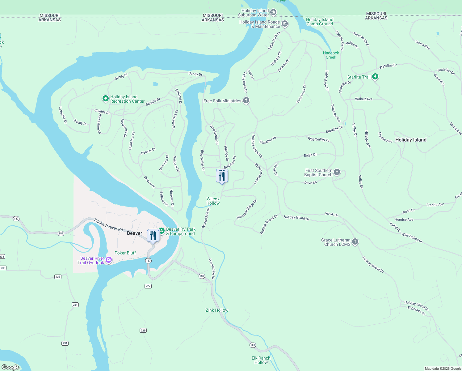 map of restaurants, bars, coffee shops, grocery stores, and more near 6 Woodsdale Drive in Holiday Island