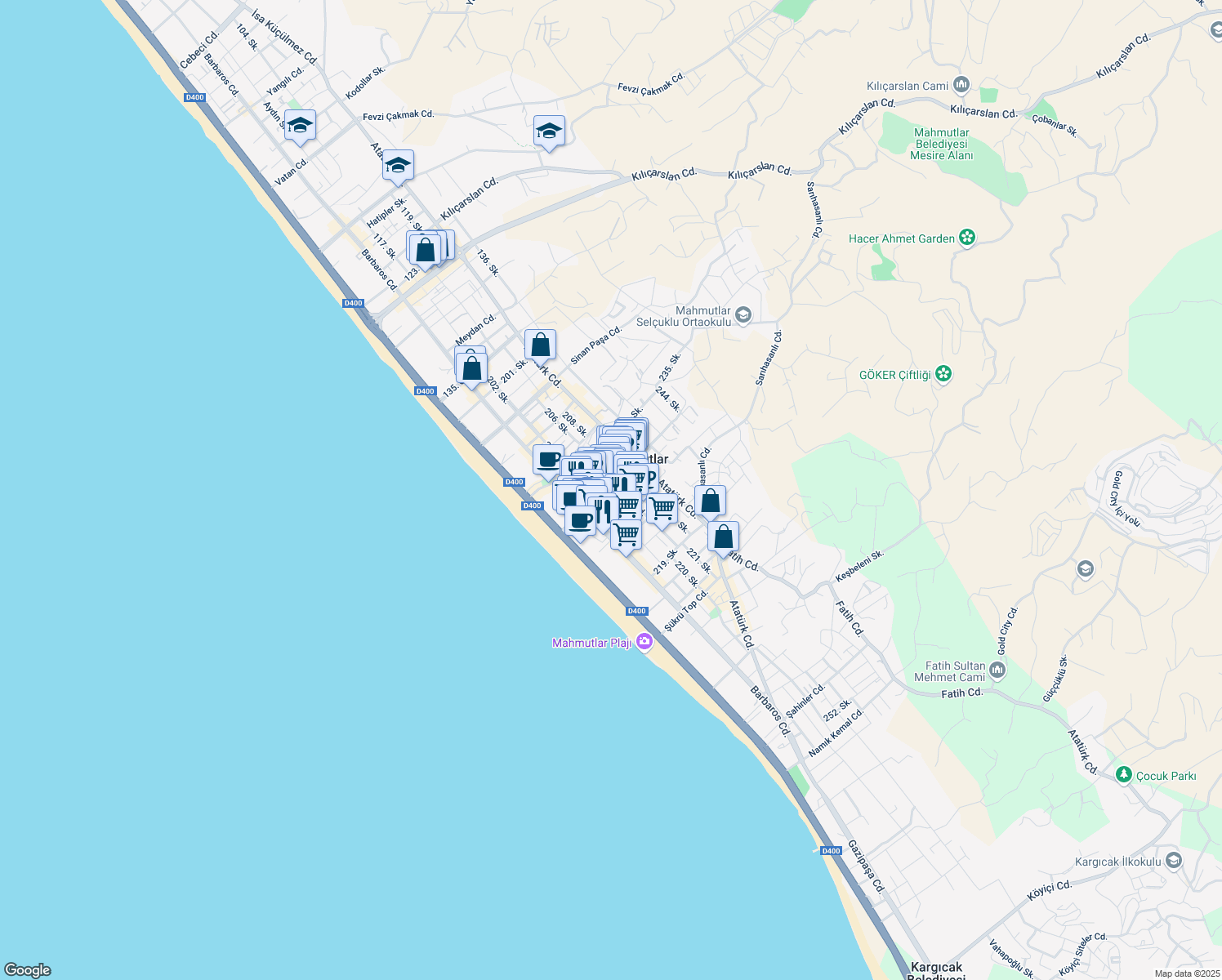 map of restaurants, bars, coffee shops, grocery stores, and more near 16 Mehmet Çakır Caddesi in Alanya