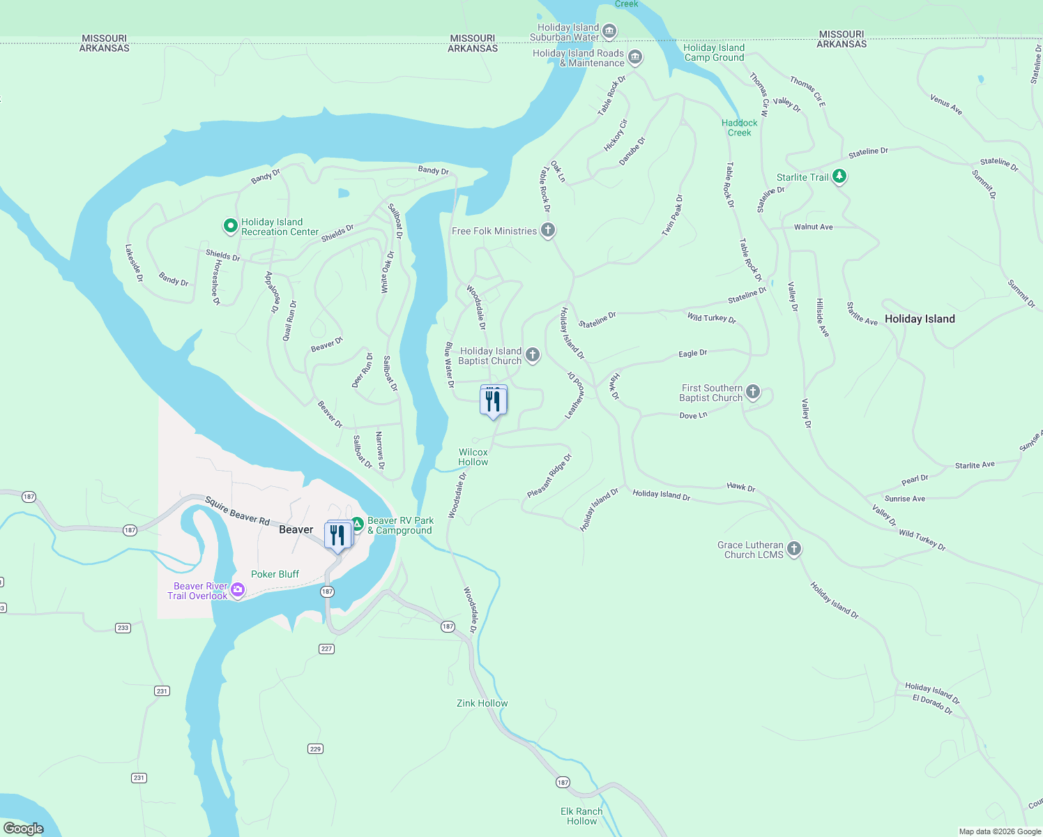map of restaurants, bars, coffee shops, grocery stores, and more near 45-75 Leatherwood Dr in Eureka Springs