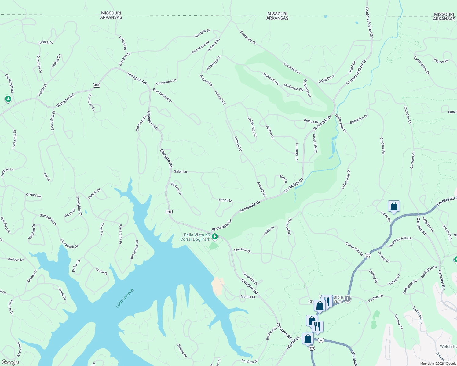map of restaurants, bars, coffee shops, grocery stores, and more near Salen Lane in Bella Vista