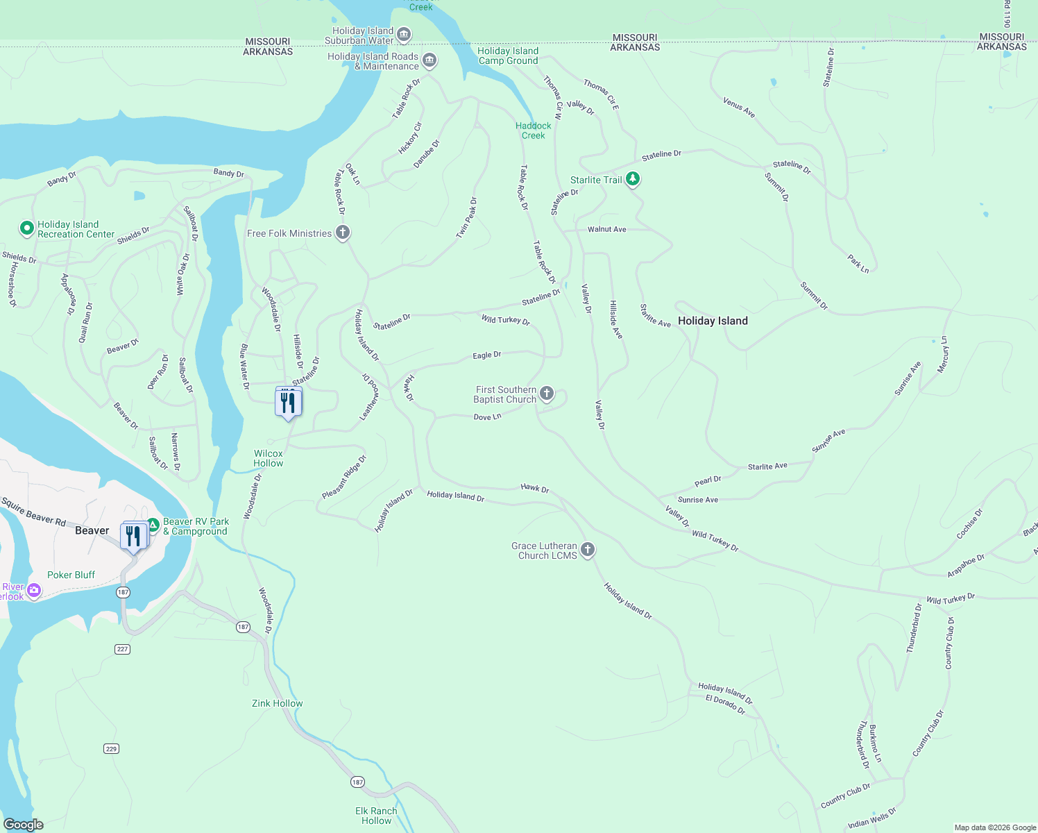 map of restaurants, bars, coffee shops, grocery stores, and more near 173 Wild Turkey Drive in Holiday Island