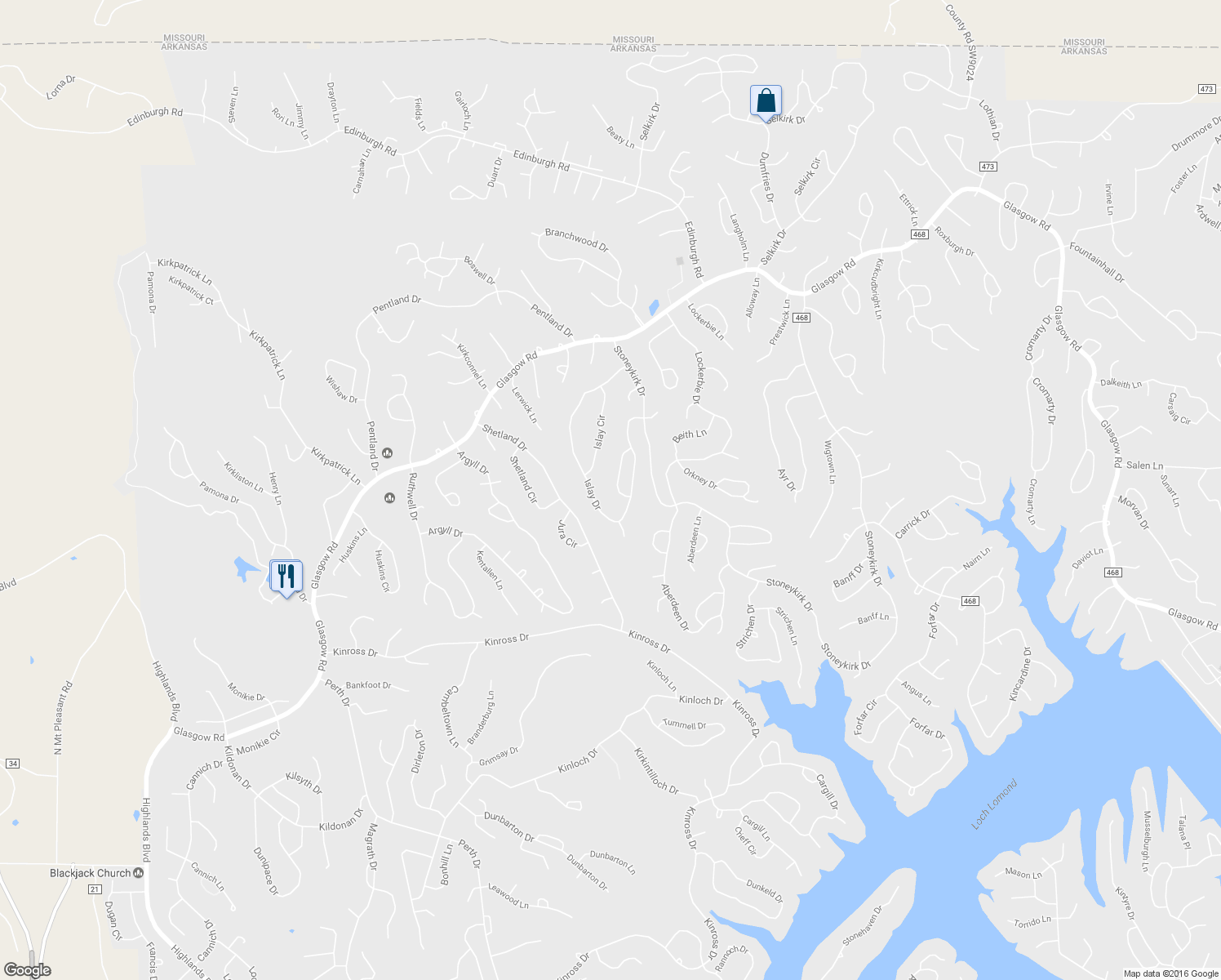 map of restaurants, bars, coffee shops, grocery stores, and more near 18 Stoneykirk Circle in Bella Vista