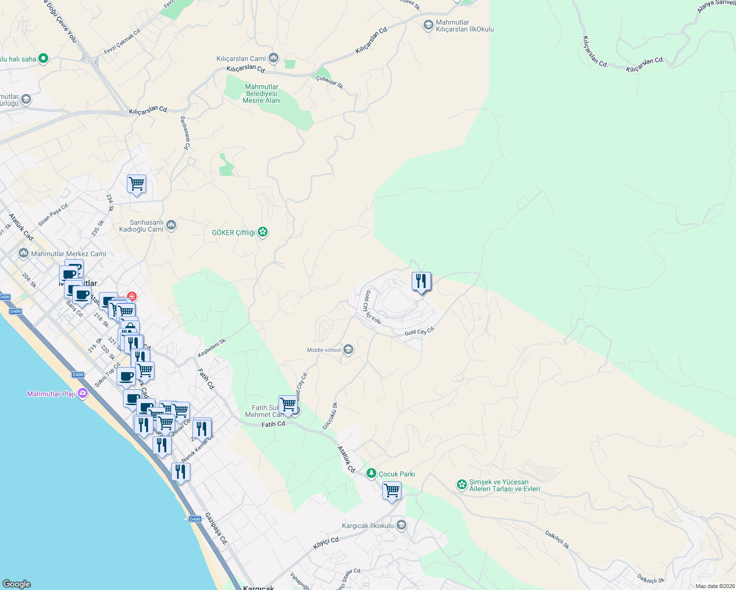 map of restaurants, bars, coffee shops, grocery stores, and more near 9 Aydoğan Sokak in Alanya