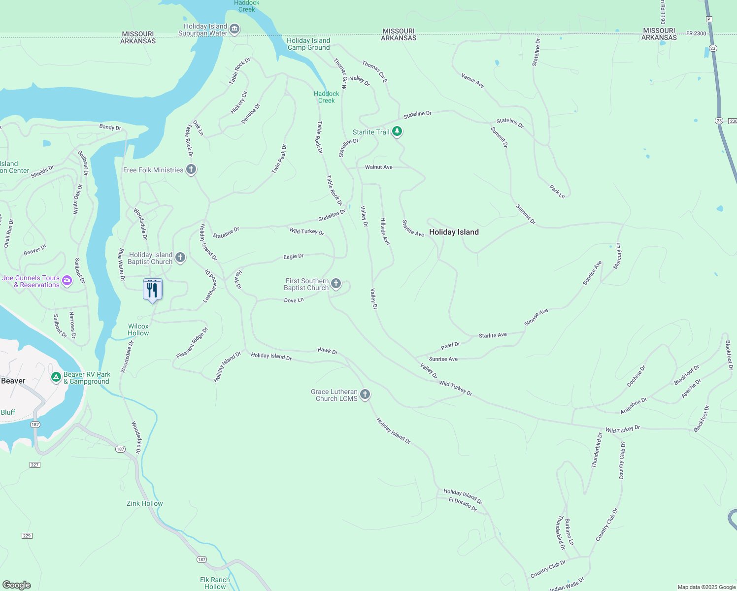 map of restaurants, bars, coffee shops, grocery stores, and more near 49 Valley Drive in Eureka Springs