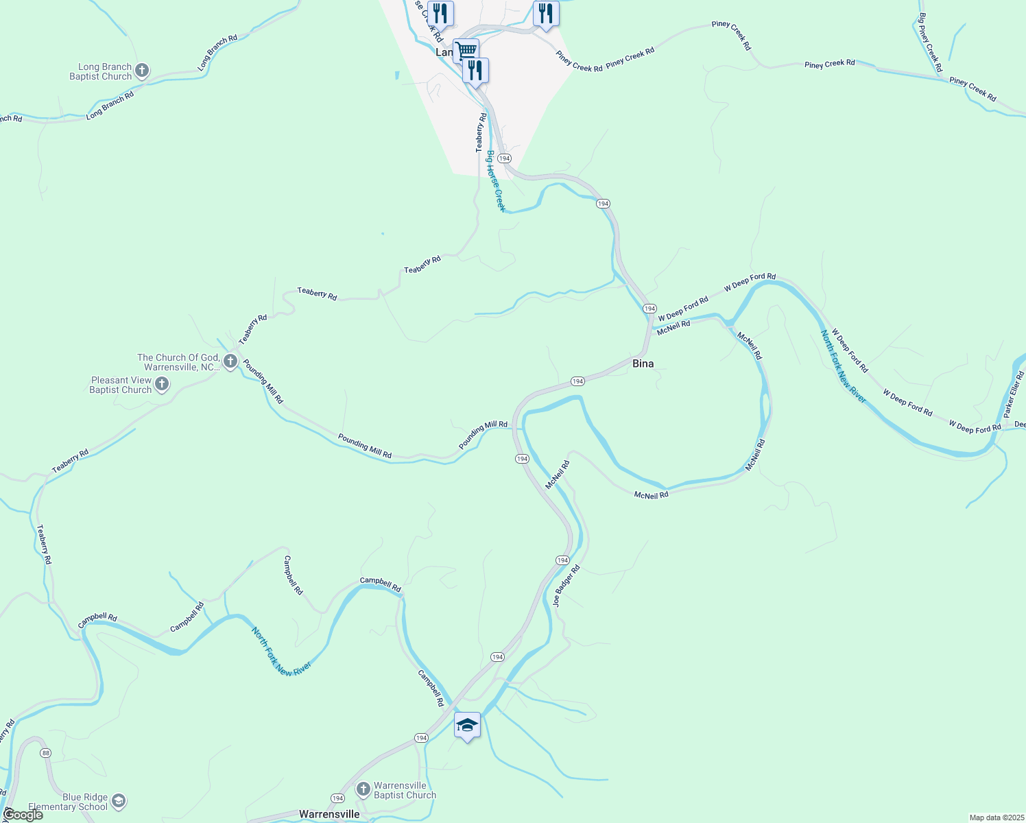 map of restaurants, bars, coffee shops, grocery stores, and more near 7421 North Carolina 194 in Lansing
