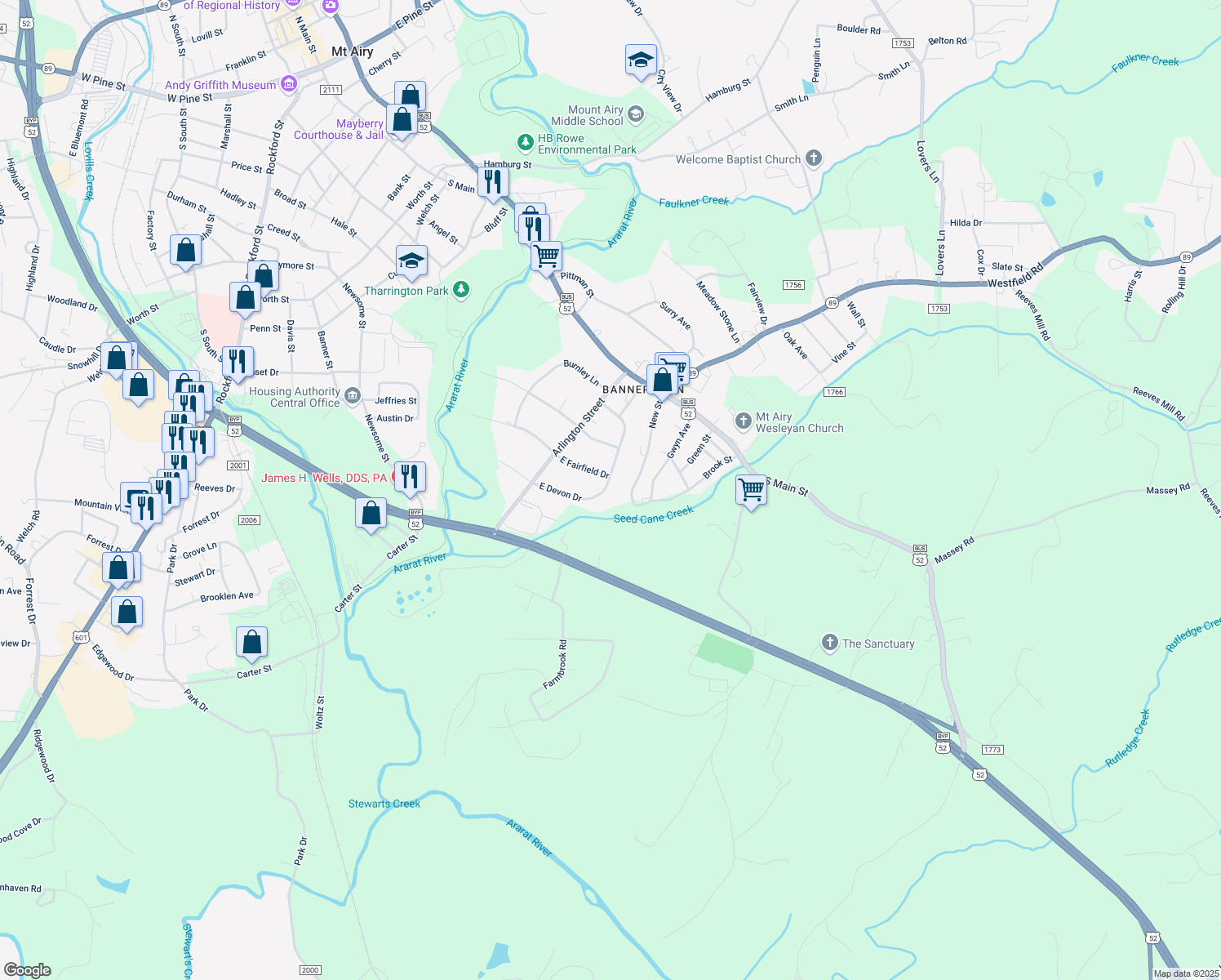 map of restaurants, bars, coffee shops, grocery stores, and more near 405 East Devon Drive in Mount Airy