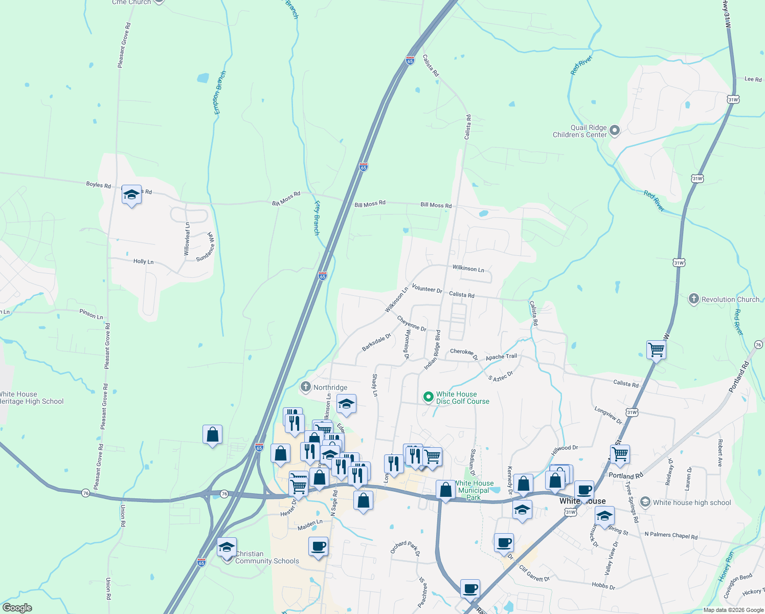 map of restaurants, bars, coffee shops, grocery stores, and more near 439 Wilkinson Lane in White House