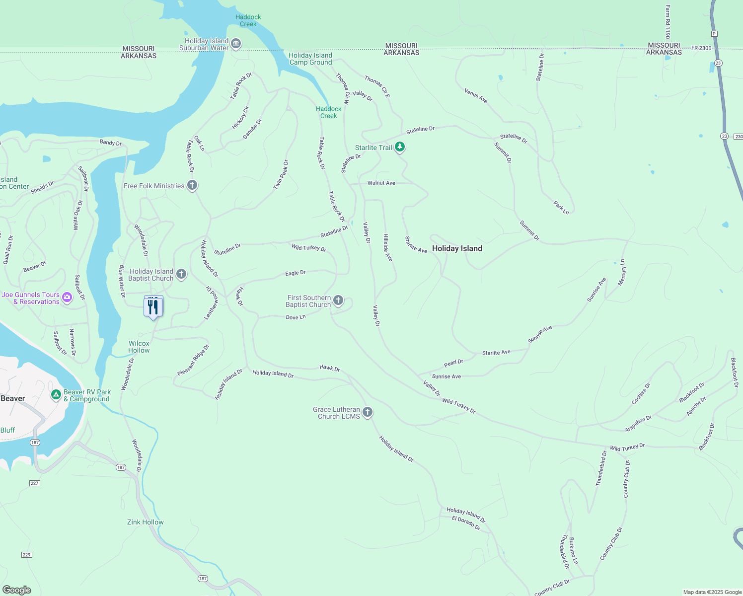 map of restaurants, bars, coffee shops, grocery stores, and more near 49 Valley Drive in Eureka Springs