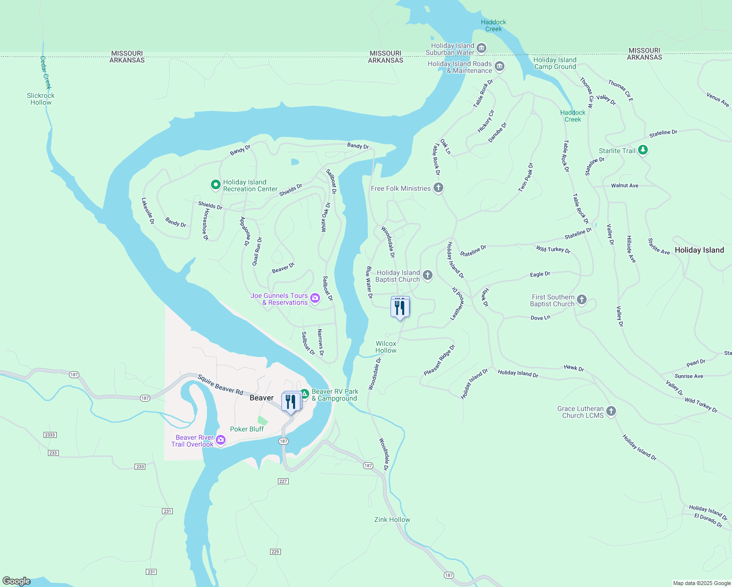 map of restaurants, bars, coffee shops, grocery stores, and more near 1 Clover Lane in Holiday Island
