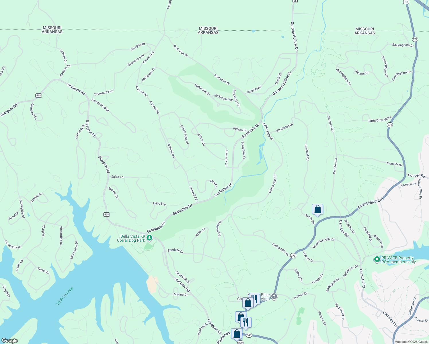 map of restaurants, bars, coffee shops, grocery stores, and more near 25 Rockhill Lane in Bella Vista