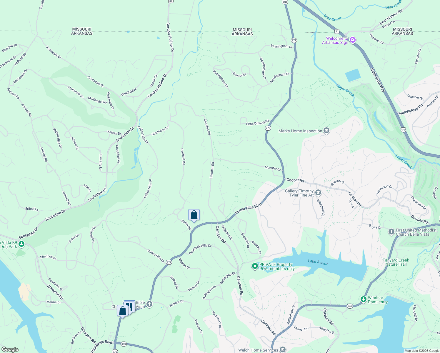 map of restaurants, bars, coffee shops, grocery stores, and more near 38 Nottingham Drive in Bella Vista