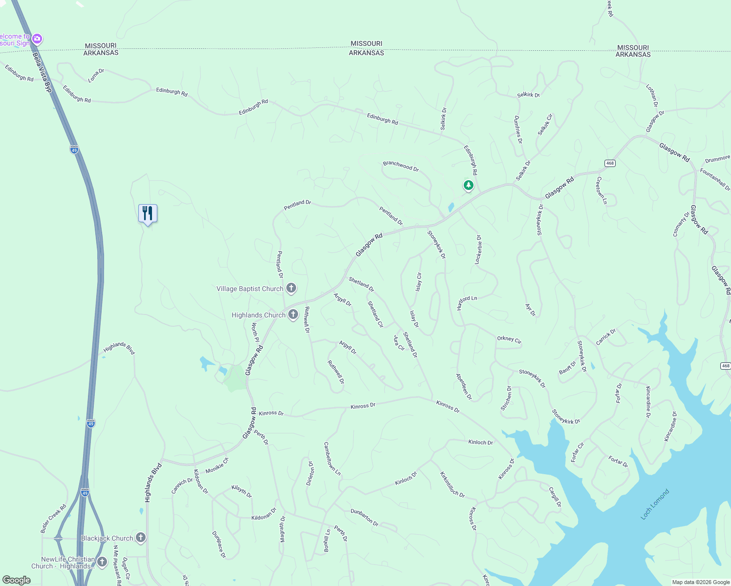map of restaurants, bars, coffee shops, grocery stores, and more near 20 Lerwick Lane in Bella Vista