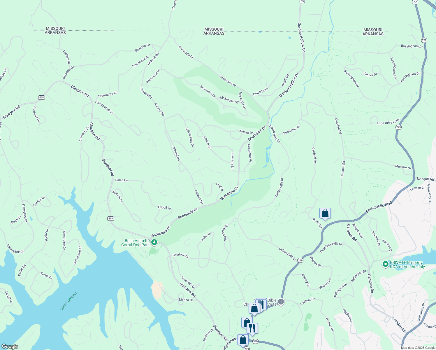map of restaurants, bars, coffee shops, grocery stores, and more near 25 Rockhill Lane in Bella Vista
