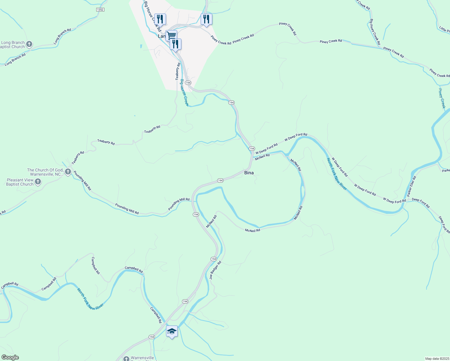 map of restaurants, bars, coffee shops, grocery stores, and more near 7712 North Carolina 194 in Lansing