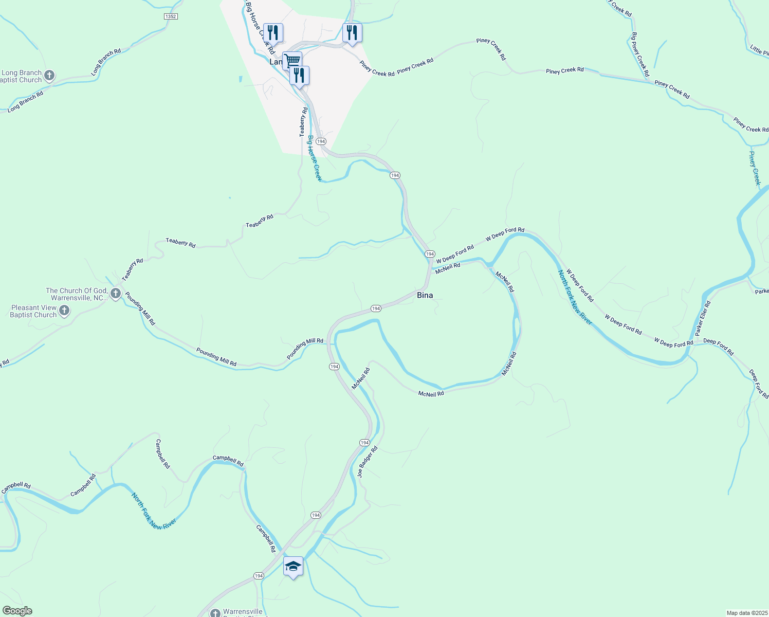 map of restaurants, bars, coffee shops, grocery stores, and more near 7712 North Carolina 194 in Lansing