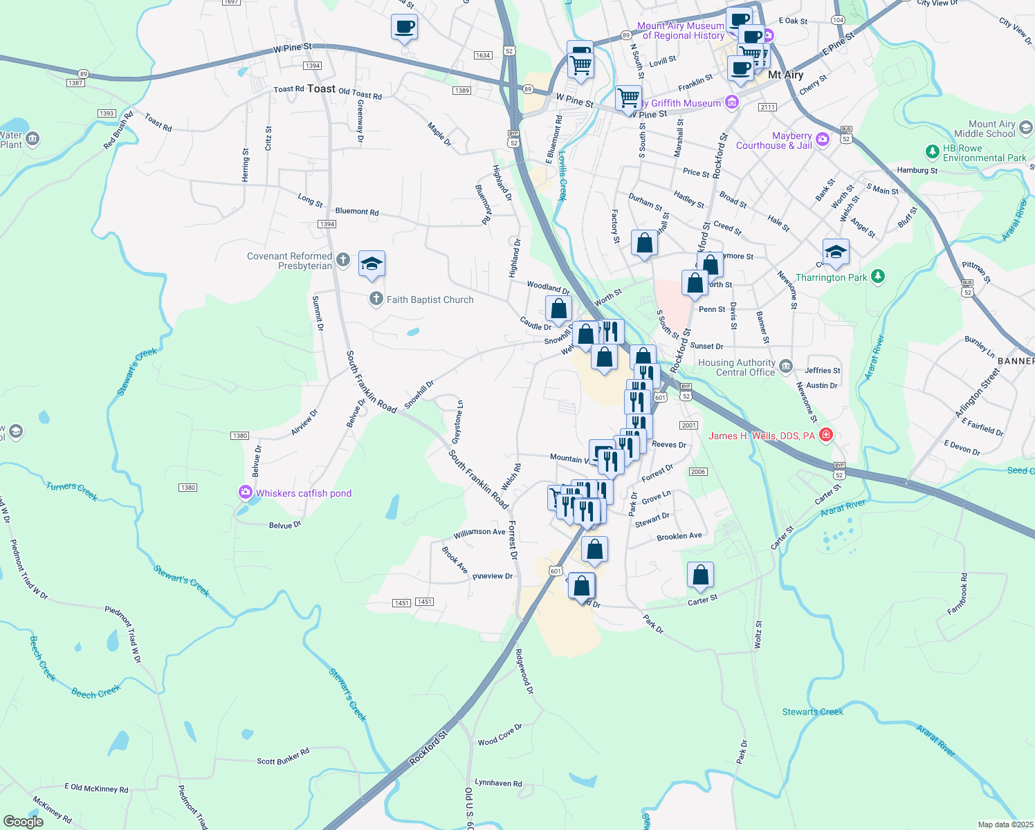 map of restaurants, bars, coffee shops, grocery stores, and more near 318 Welch Road in Mount Airy