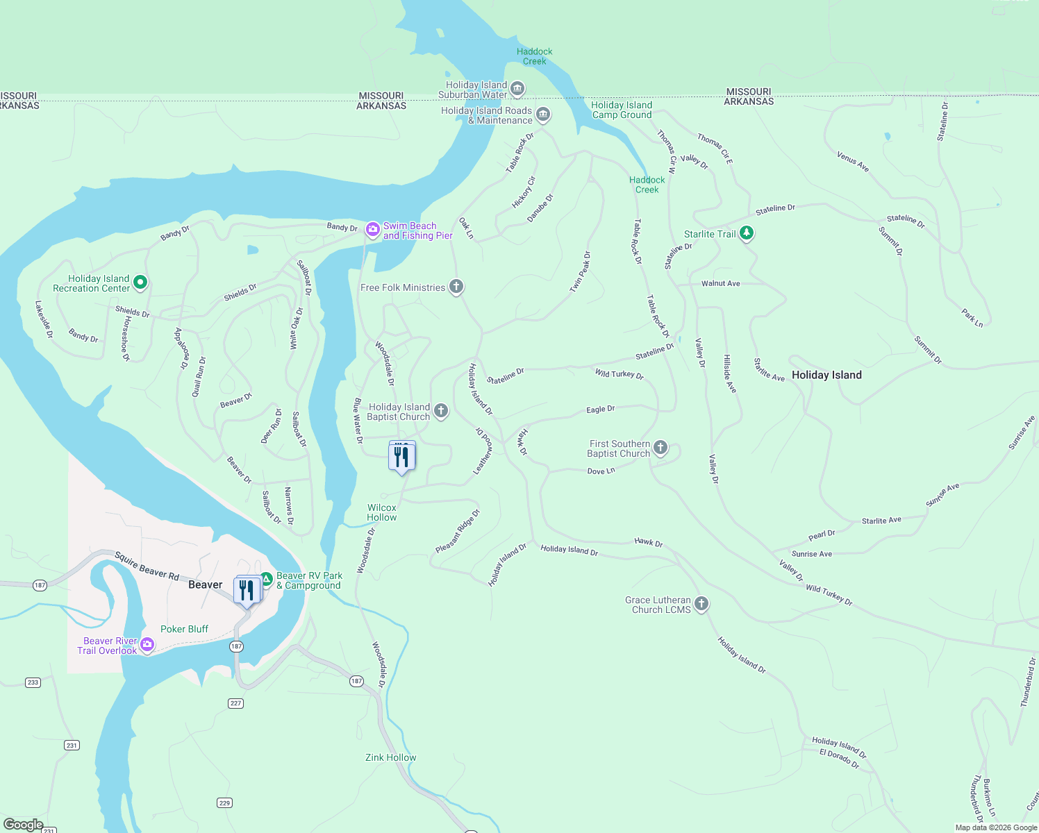 map of restaurants, bars, coffee shops, grocery stores, and more near 6 Bobwhite Lane in Holiday Island