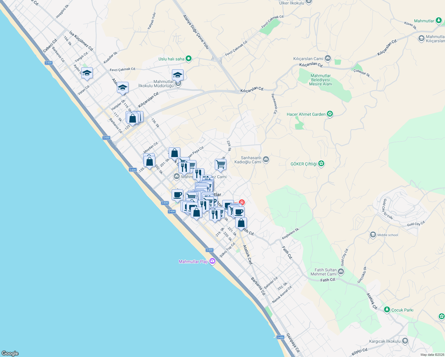 map of restaurants, bars, coffee shops, grocery stores, and more near 1 243. Sokak in Alanya
