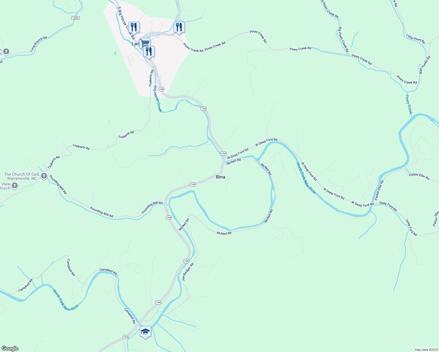 map of restaurants, bars, coffee shops, grocery stores, and more near 7912 North Carolina 194 in Lansing