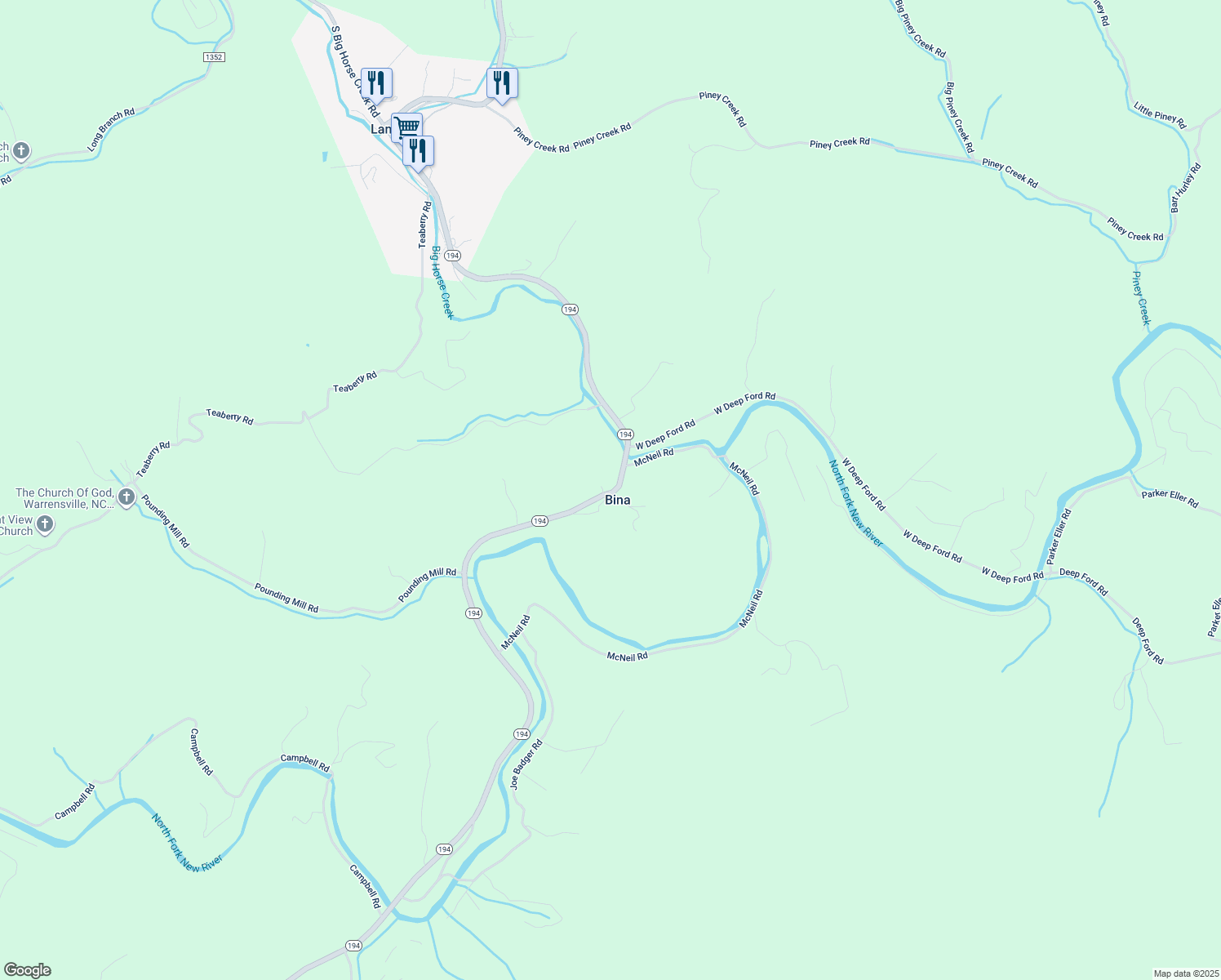 map of restaurants, bars, coffee shops, grocery stores, and more near 7913 North Carolina 194 in Lansing