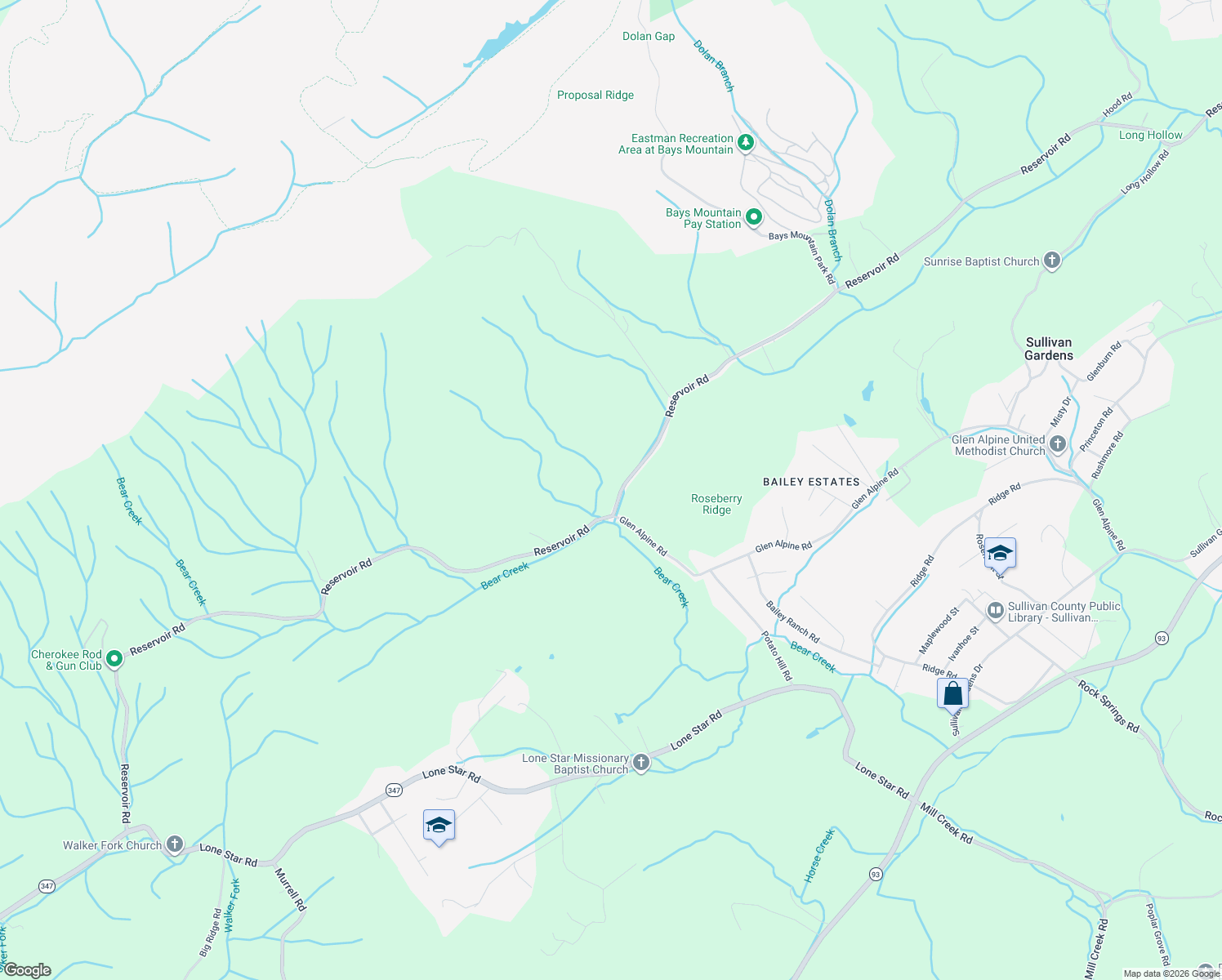 map of restaurants, bars, coffee shops, grocery stores, and more near 4026 Reservoir Road in Kingsport