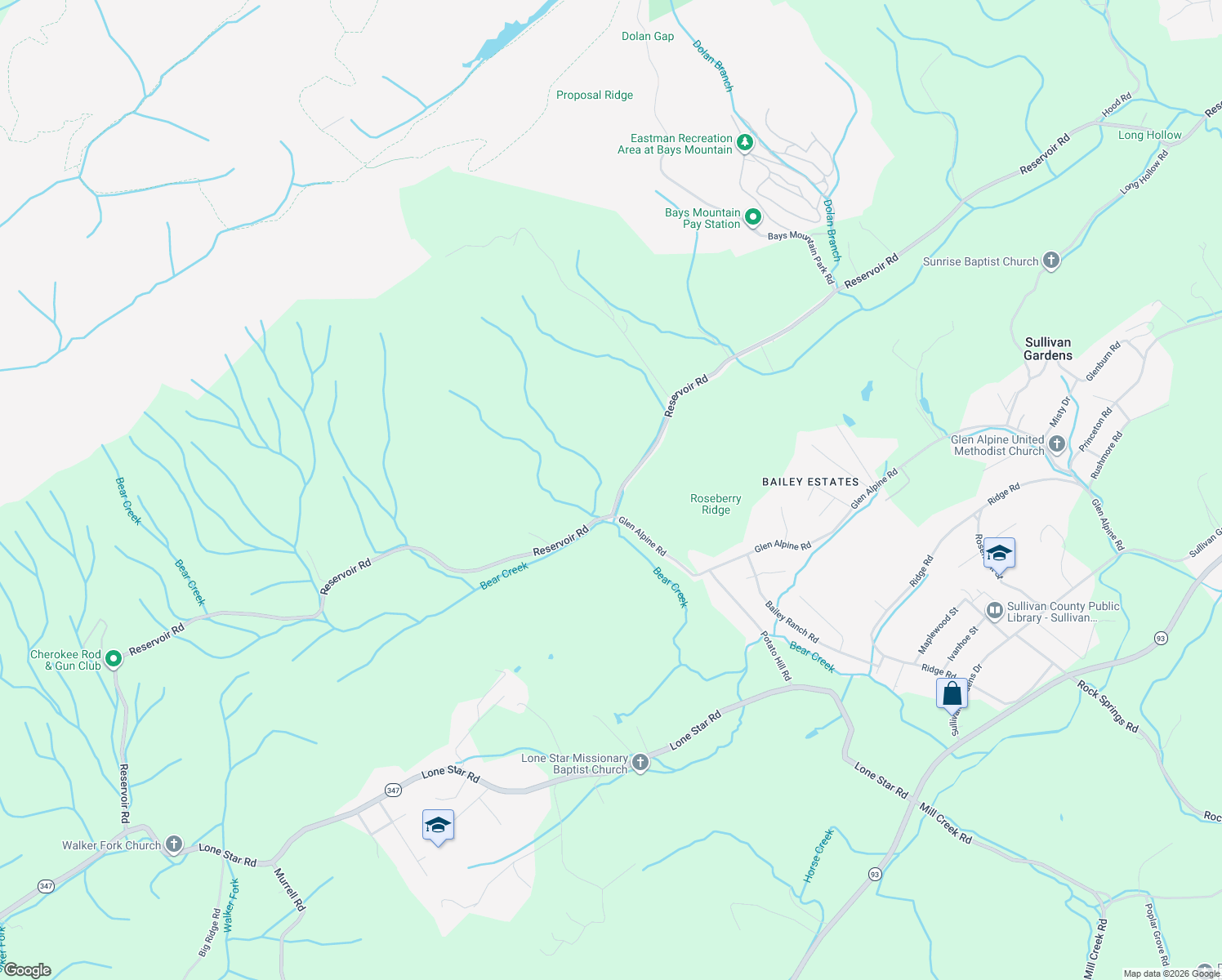 map of restaurants, bars, coffee shops, grocery stores, and more near 4026 Reservoir Road in Kingsport