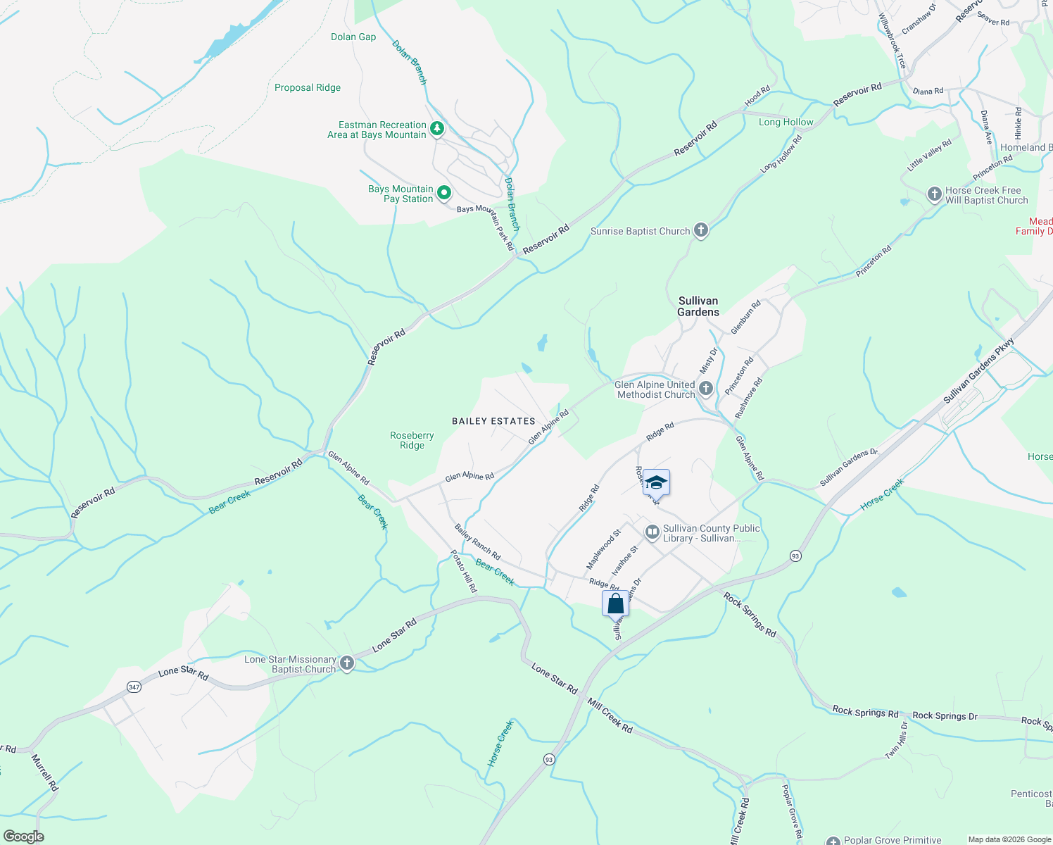 map of restaurants, bars, coffee shops, grocery stores, and more near 3709 Willow View Drive in Kingsport