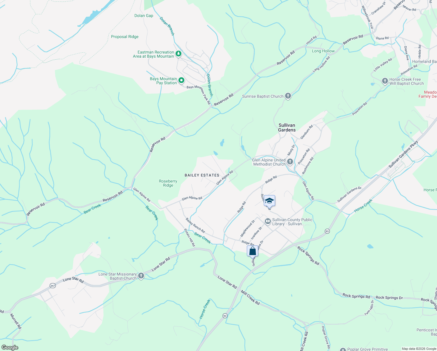 map of restaurants, bars, coffee shops, grocery stores, and more near 3709 Willow View Drive in Kingsport