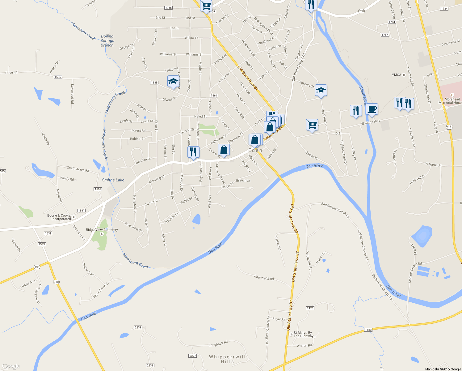 map of restaurants, bars, coffee shops, grocery stores, and more near 943 Overlook Ave in Eden