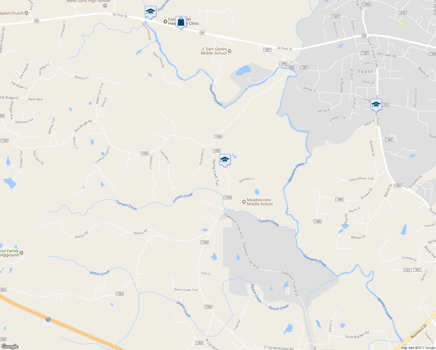 map of restaurants, bars, coffee shops, grocery stores, and more near 219 Spring Creek Trail in Mount Airy