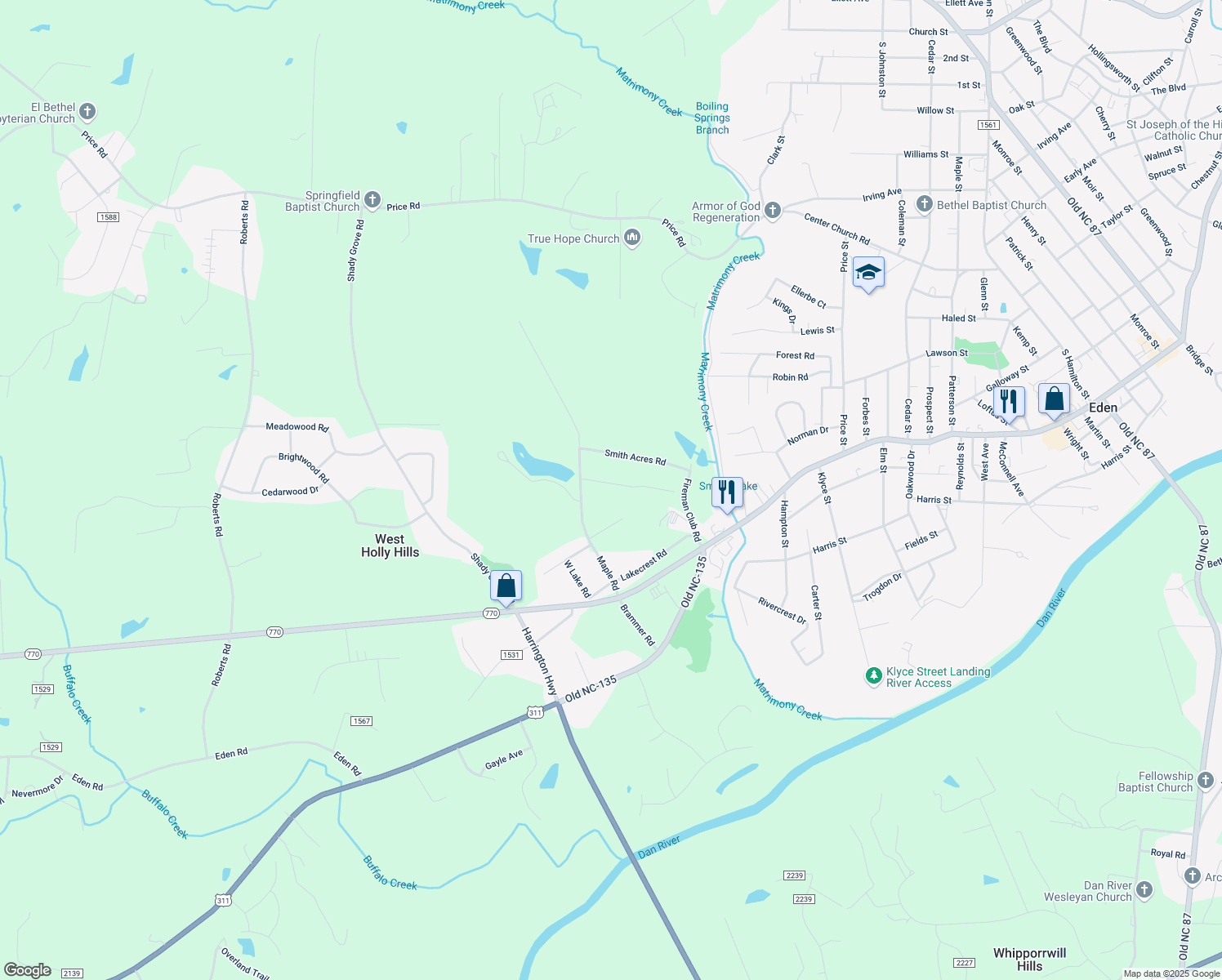 map of restaurants, bars, coffee shops, grocery stores, and more near 148 Windy Road in Eden