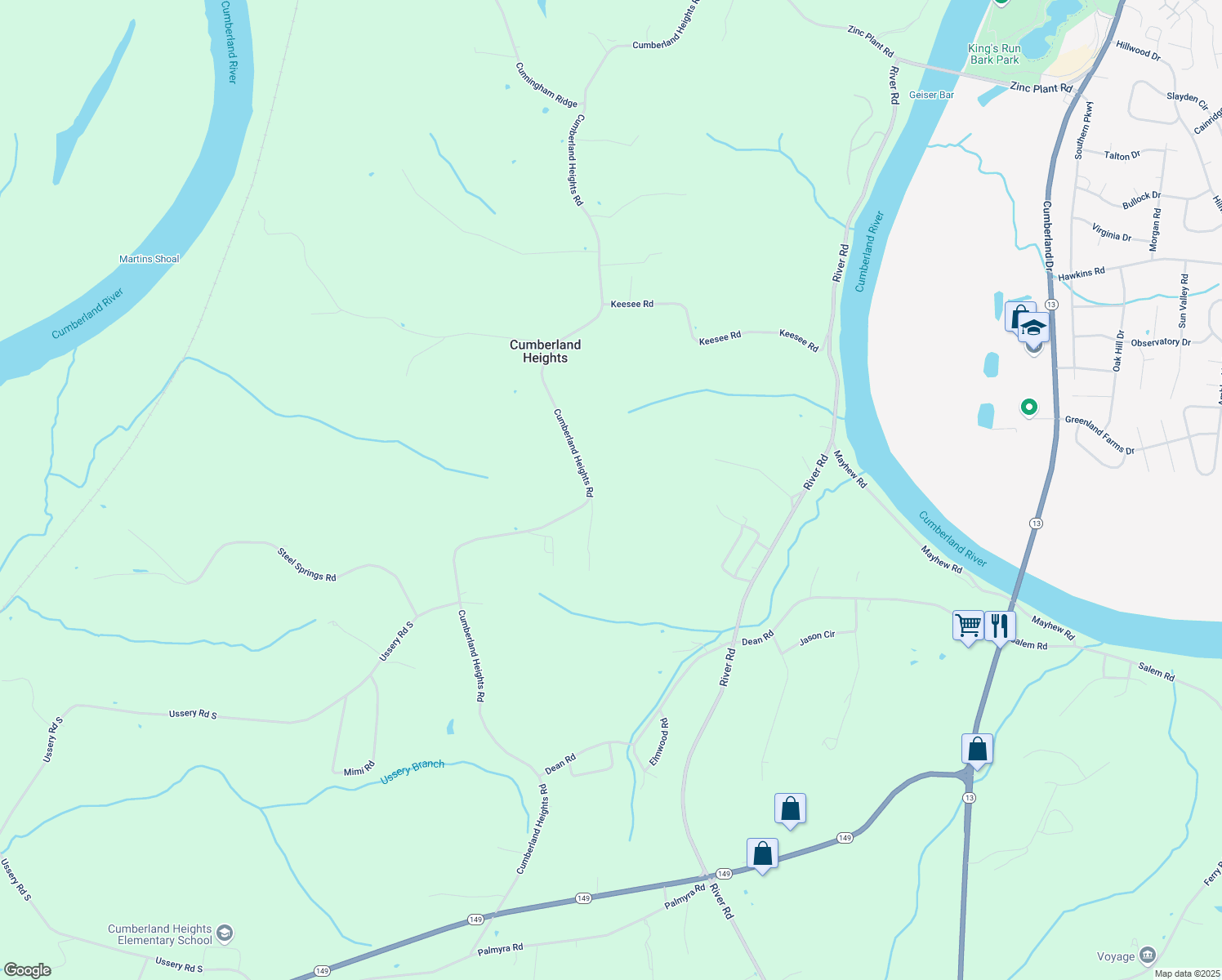 map of restaurants, bars, coffee shops, grocery stores, and more near 1517 Cumberland Heights Road in Clarksville