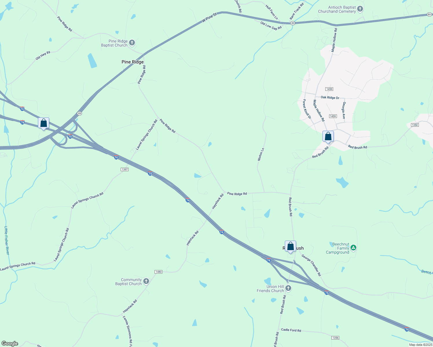 map of restaurants, bars, coffee shops, grocery stores, and more near 430 Pine Ridge Road in Mount Airy