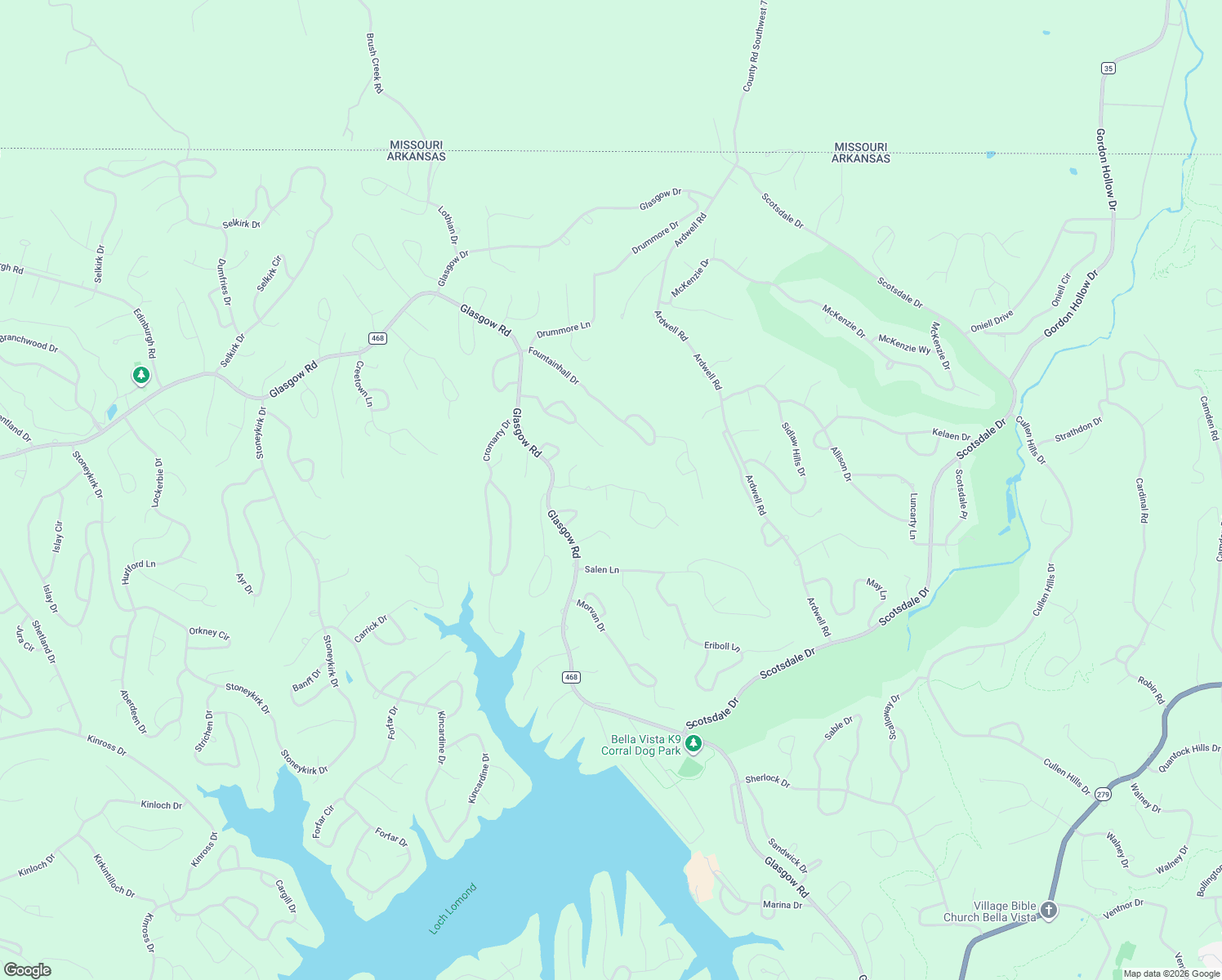 map of restaurants, bars, coffee shops, grocery stores, and more near 2 Carsaig Circle in Bella Vista