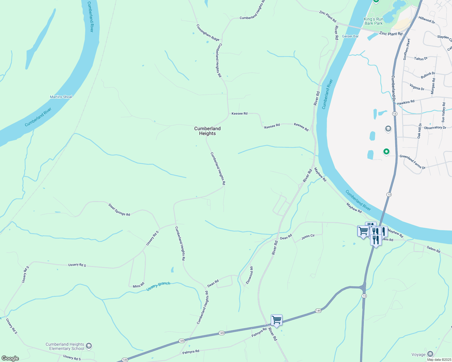 map of restaurants, bars, coffee shops, grocery stores, and more near 1517 Cumberland Heights Road in Clarksville