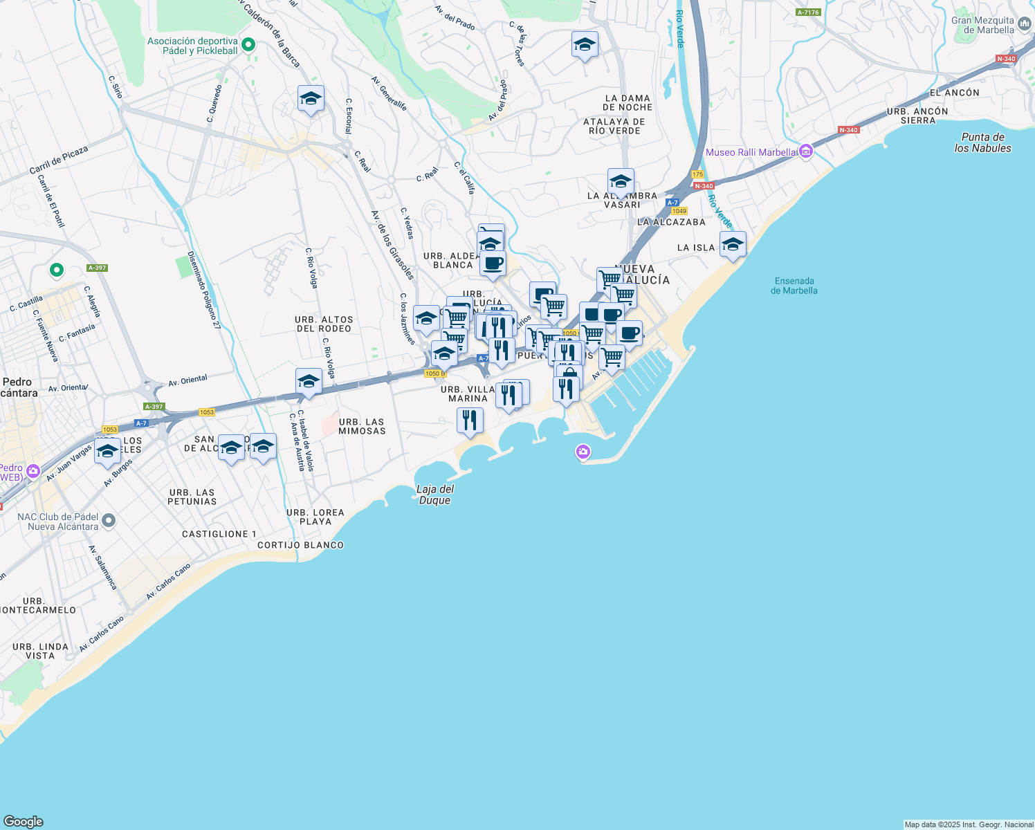map of restaurants, bars, coffee shops, grocery stores, and more near Avenida de Lola Flores in Marbella