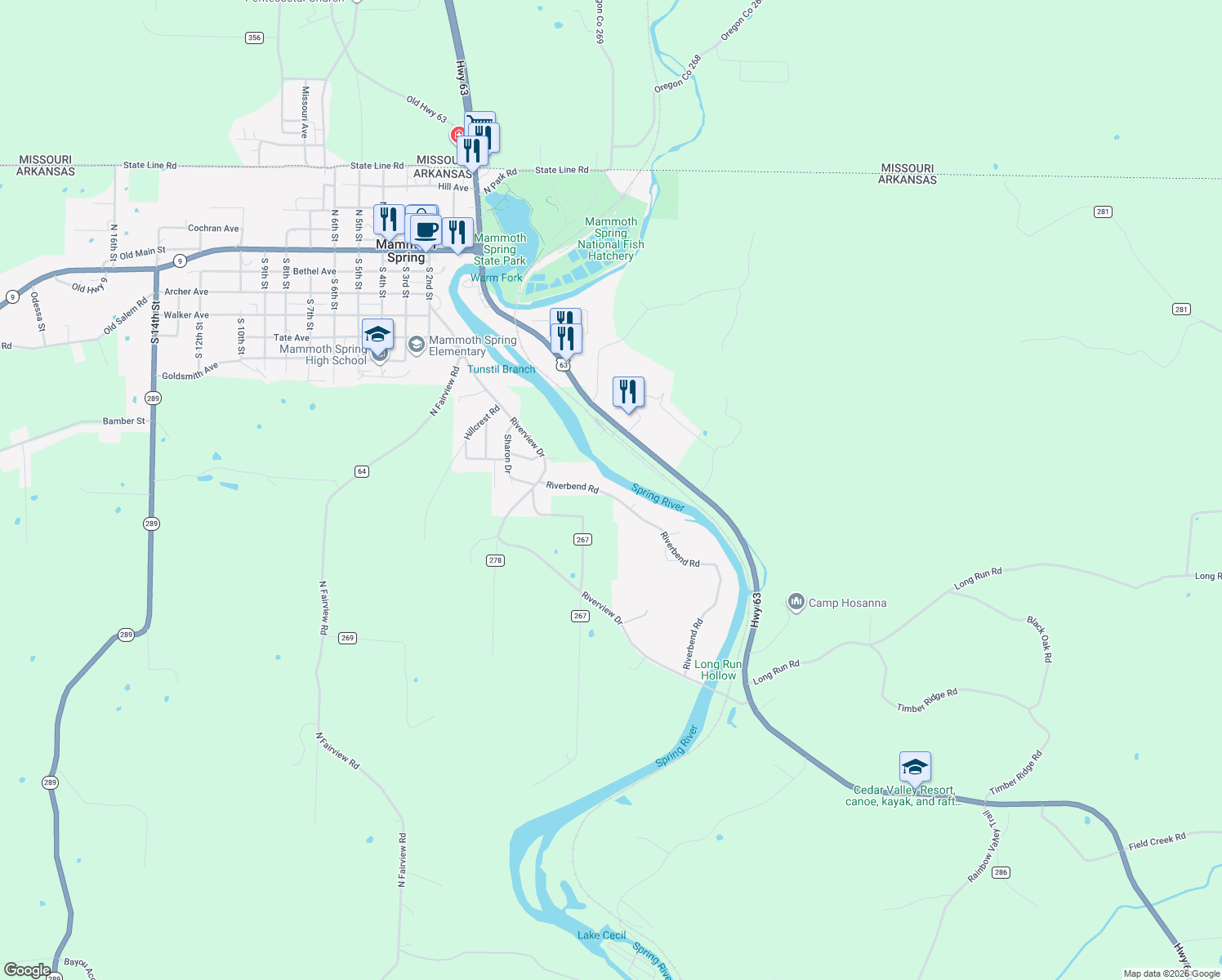 map of restaurants, bars, coffee shops, grocery stores, and more near 95 Spring Lake Drive in Mammoth Spring