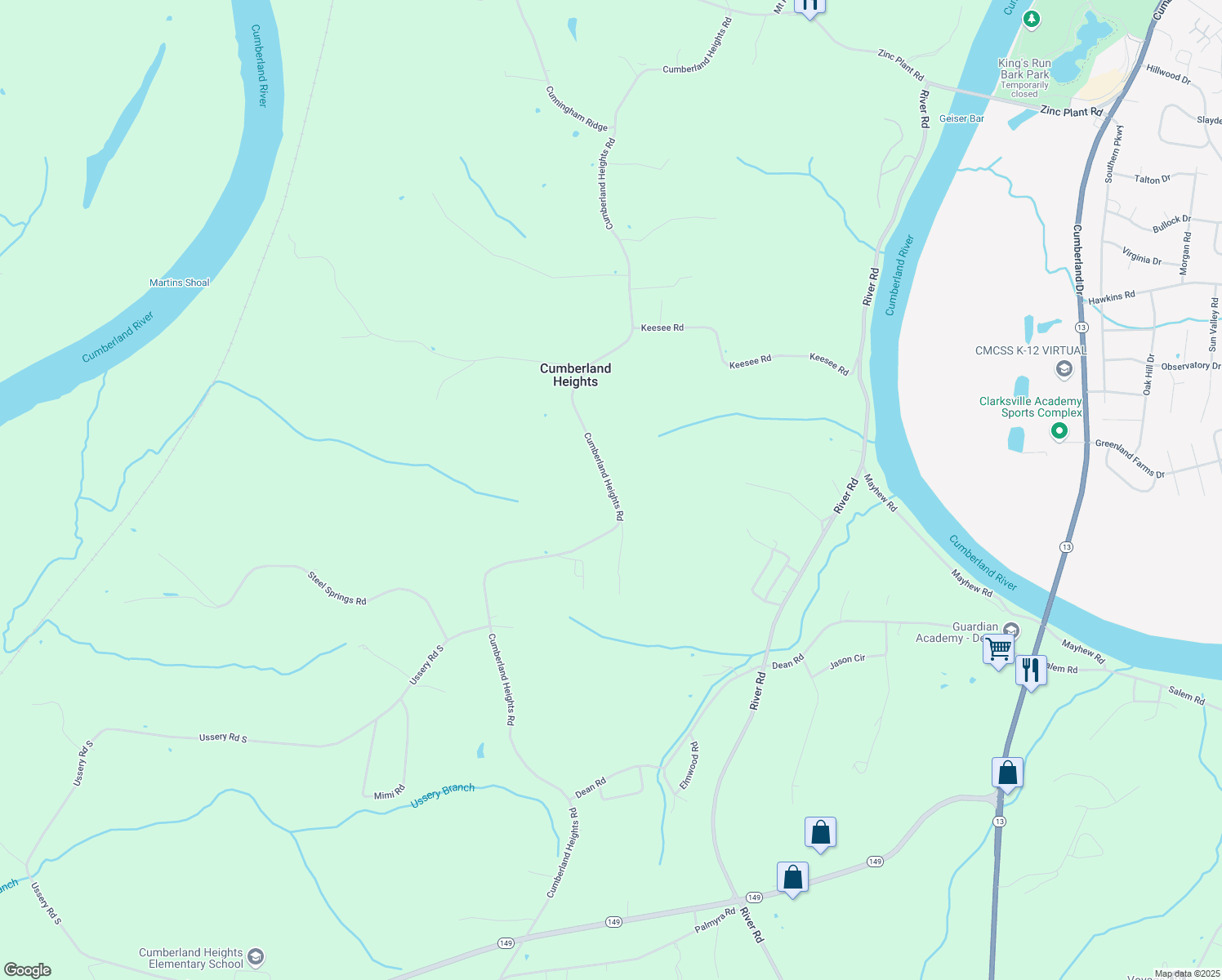 map of restaurants, bars, coffee shops, grocery stores, and more near Cumberland Heights Road in Clarksville