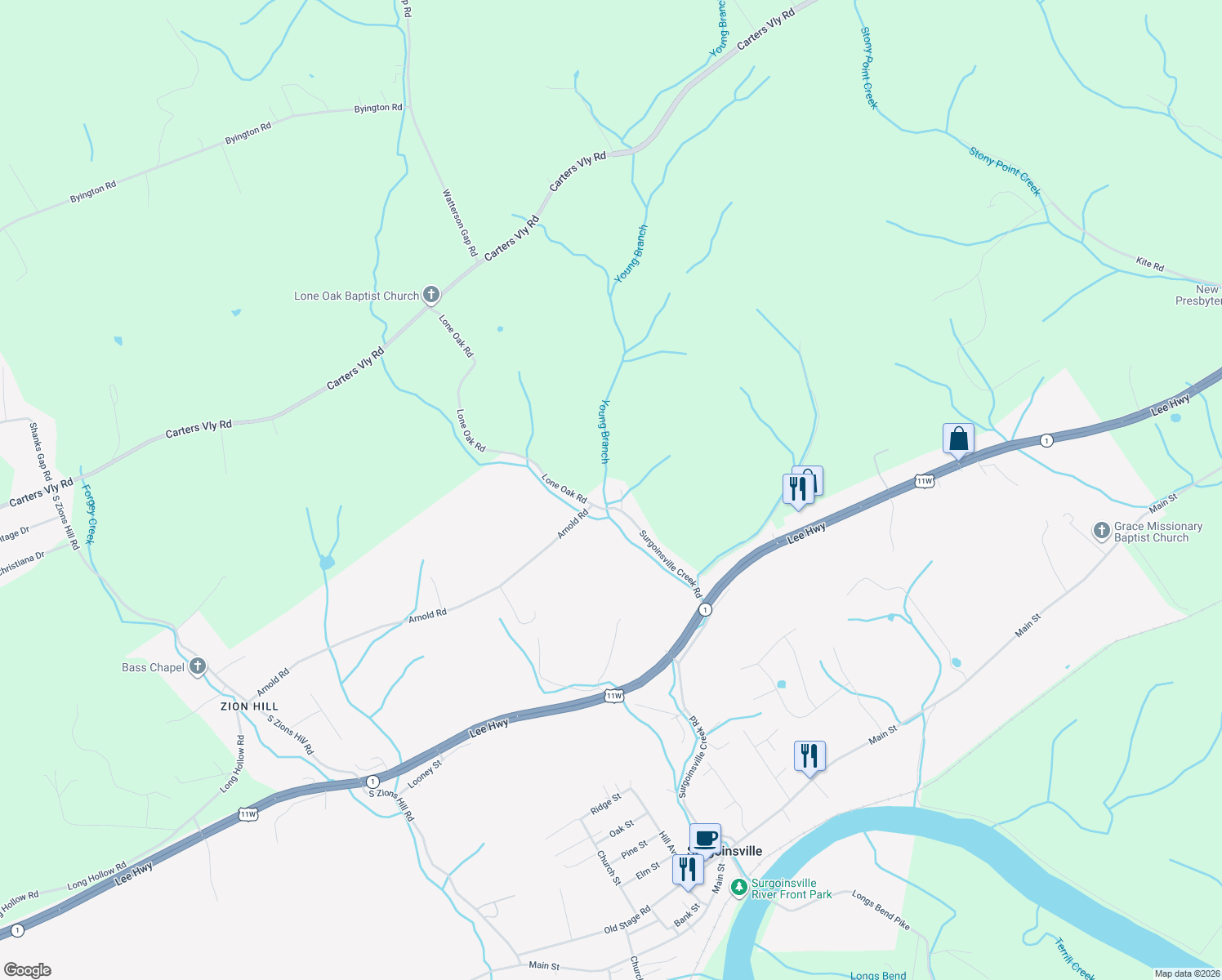 map of restaurants, bars, coffee shops, grocery stores, and more near 182 Lone Oak Rd in Surgoinsville