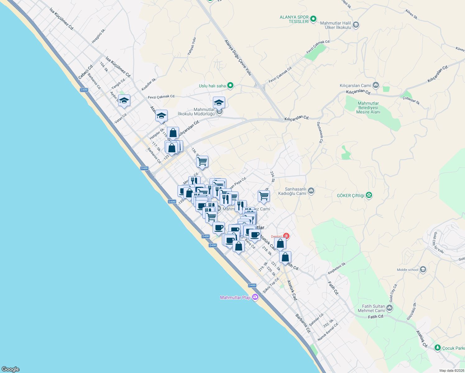 map of restaurants, bars, coffee shops, grocery stores, and more near 123 Atatürk Caddesi in Alanya
