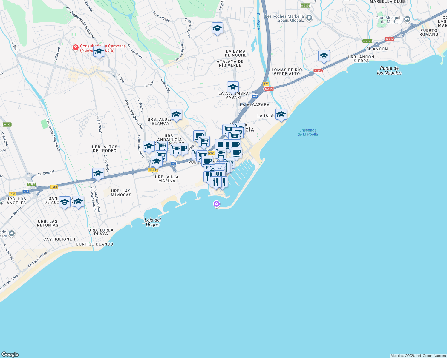 map of restaurants, bars, coffee shops, grocery stores, and more near Calle Muelle Ribera in Marbella