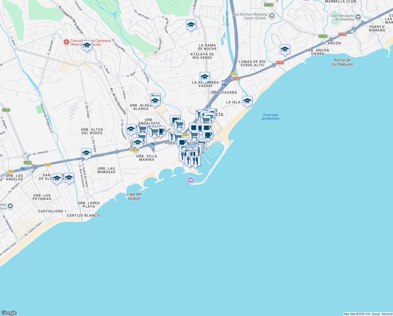 map of restaurants, bars, coffee shops, grocery stores, and more near Calle Muelle Ribera in Marbella