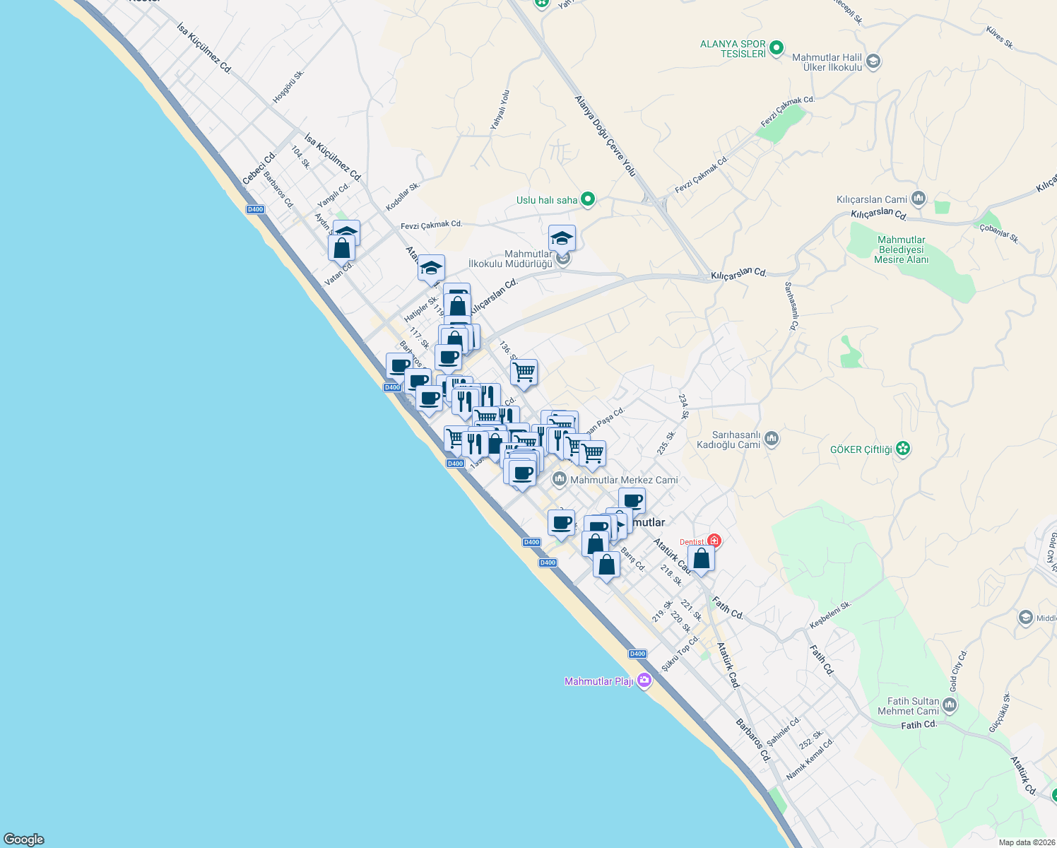map of restaurants, bars, coffee shops, grocery stores, and more near 24 135. Caddesi in Alanya