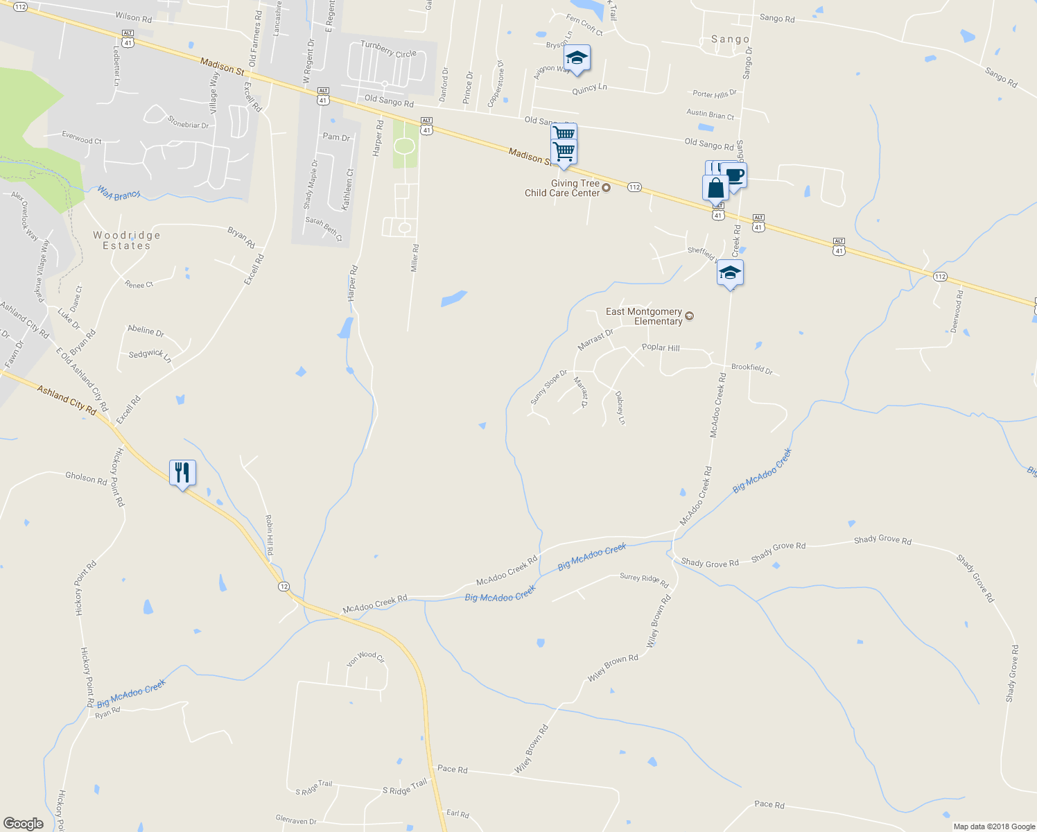 map of restaurants, bars, coffee shops, grocery stores, and more near 284 Sunny Slope Court in Clarksville