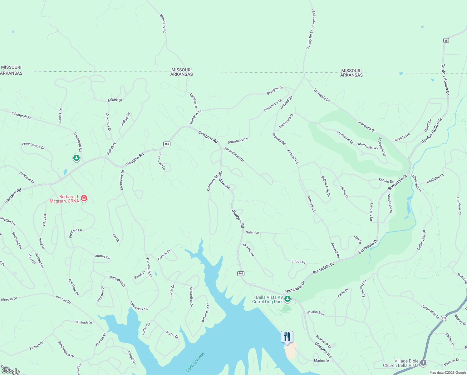 map of restaurants, bars, coffee shops, grocery stores, and more near 1 Lasswade Circle in Bella Vista