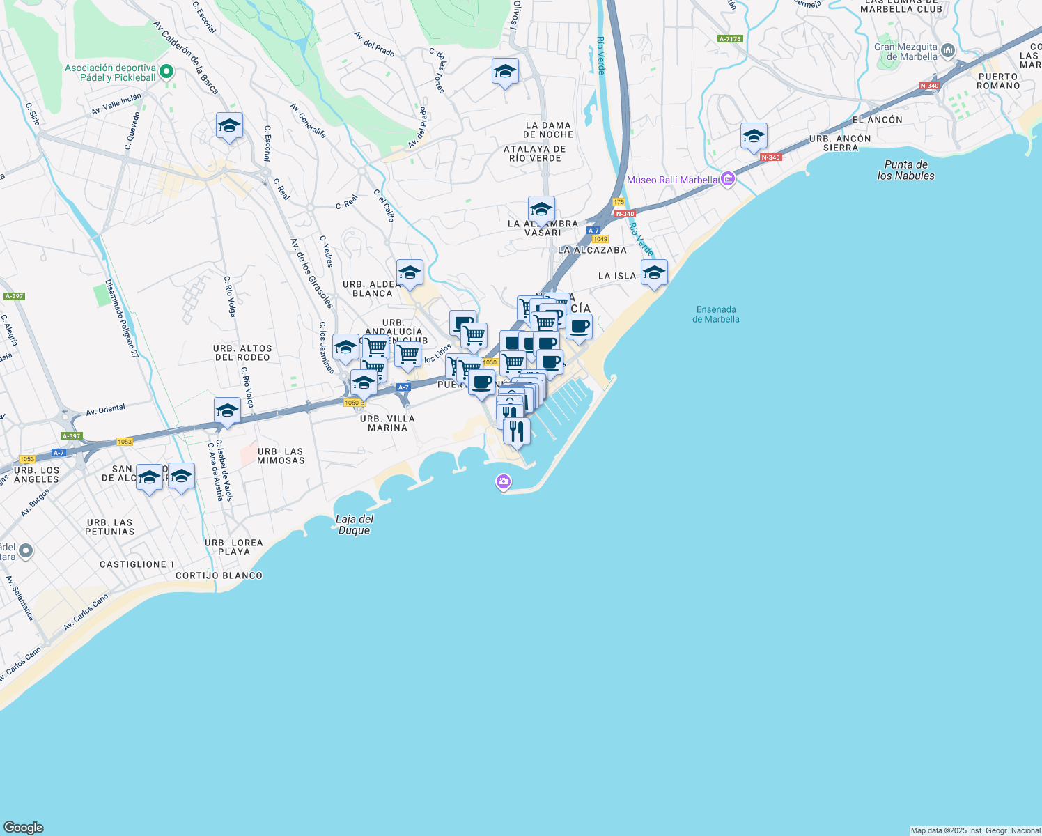 map of restaurants, bars, coffee shops, grocery stores, and more near Calle Ribera in Marbella