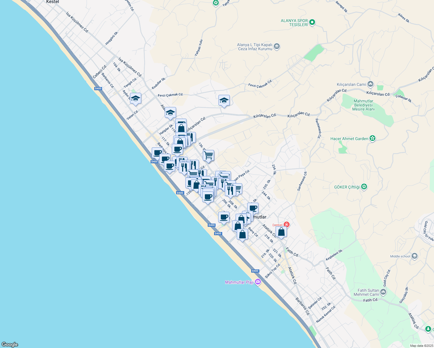 map of restaurants, bars, coffee shops, grocery stores, and more near No: 113/B Atatürk Caddesi in Alanya