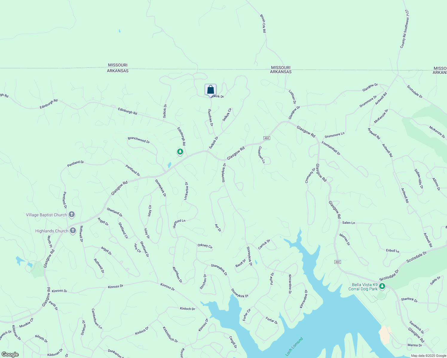 map of restaurants, bars, coffee shops, grocery stores, and more near 5 Stoneykirk Drive in Bella Vista