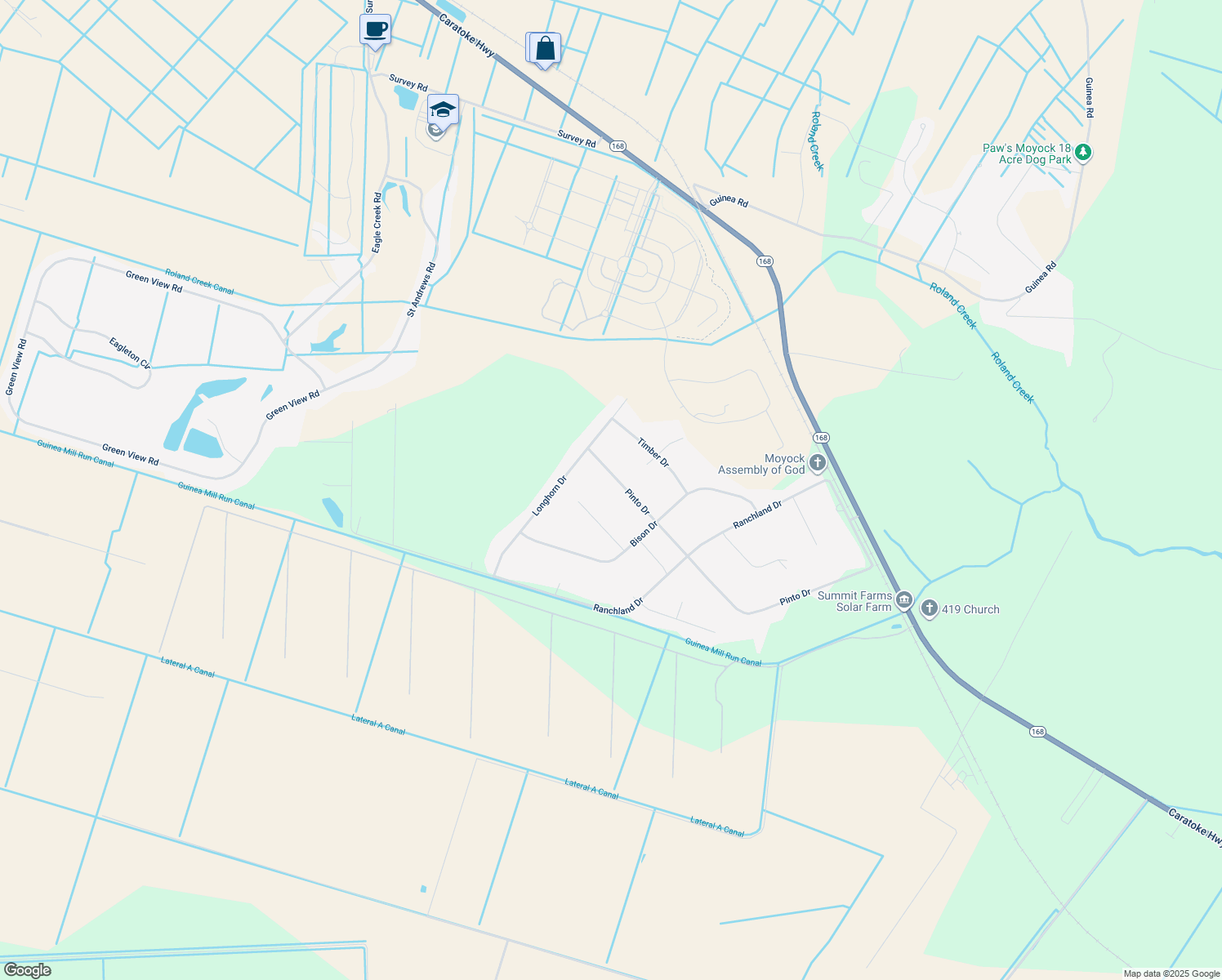 map of restaurants, bars, coffee shops, grocery stores, and more near 169 Pinto Drive in Moyock